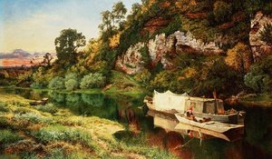 Uma Paisagem do Rio com um Pescador Fazendo Armadilhas para Enguias de Benjamin Williams Leader