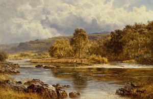 Uma ilha no LLugwy logo abaixo de Capel Curig, North Wales (óleo sobre tela) de Benjamin Williams Leader