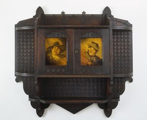 Gabinete de parede suspenso com placas de cerâmica, c. 1890 (nogueira preta e faiança) de Benn Pitman