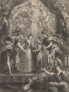 Gravura 17: A troca das duas princesas em Hendaye, cena alegórica com Ana de..., 1707-10 de Benoit Audran I