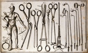 Diferentes tipos de fórceps e instrumentos cirúrgicos. Um homem que usa diferentes tipos de torneios e ligaduras. Placa de cirurgia ilustrada por Benoist Louis Prevost (1735-1809). Século XVIII