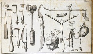 Quadro cirúrgico representando diferentes tipos de instrumentos cirúrgicos, martelo, vieira, facas, para a remoção do cérebro. Gravura de Benoit Louis Prevost (1735-1809) Século XVIII