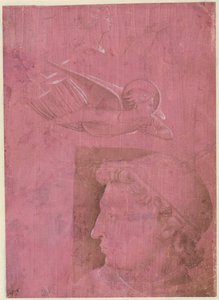 Cabeça de um homem, dois estudos do perfil de uma mulher e um estudo de um anjo verso, c. 1458 de Benozzo Gozzoli