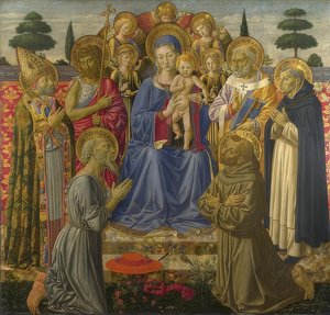 Madonna e criança cercada por anjos e santos. 1461-62