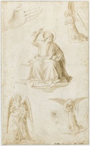 Estudos de uma mão, três anjos e Cristo como Salvator Mundi, segunda metade do século XV de Benozzo Gozzoli