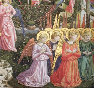 Anjos em uma paisagem celestial, a parede da mão esquerda da abside, da Jornada do ciclo magi na capela c .1460 (detalhe de 70610)
