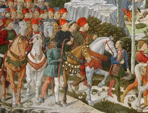 Galeazzo Maria Sforza, Duque de Milão (1444-76), extrema esquerda, em um cavalo marrom e Sigismondo Pandolfo Malatesta, governante de Rimini (1417-68) ao lado dele em um cavalo cinza, detalhe da Viagem do M de Benozzo di Lese di Sandro Gozzoli