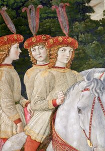 Maria (n.1460), Bianca (1461-88) e Nannina (1463-93) Medici, irmãs mais novas de Lorenzo (1449-92) e Giuliano (1453-78), detalhe do ciclo Jornada dos Magos na capela , c.1460 (de