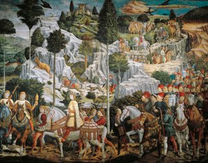 Procissão dos Reis Magos a Belém, de Benozzo Gozzoli (1420-1497), afresco, tempera e óleo na parede, Capela do Palazzo Medici Riccardi, Florença de Benozzo di Lese di Sandro Gozzoli