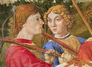 Procissão dos Magos, procissão liderada por Lorenzo o Magnífico sob o disfarce do Magus Caspar, detalhe das cabeças de dois besteiros, 1459-1462