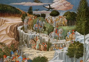 Procissão a cavalo descendo uma colina, detalhe da jornada do ciclo magi na capela, detalhe c.1460 afresco de 70619 de Benozzo di Lese di Sandro Gozzoli