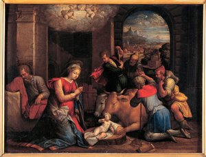A Adoração dos Pastores - Pintura de Benvenuto Tisi da Garofalo (Il Garolafo) (1481-1559), óleo sobre madeira, 41,5x55 cm de Benvenuto Tisi da Garofalo
