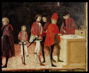 O Conselho financia em tempos de guerra e de paz, detalhe de soldados mercenários recebendo seus detalhes de pagamento 109447 de Benvenuto di Giovanni