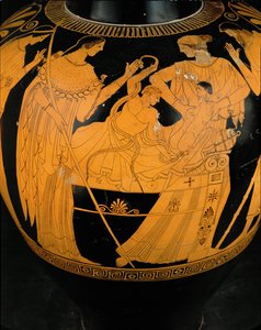 O jovem Héracles luta contra duas serpentes enviadas por Zeus para ... de Berlin Painter