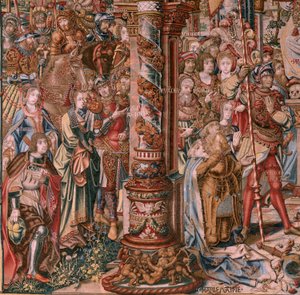 Tapeçaria flamenga. Série As Honras. A Fé (La Fe). A primeira tapeçaria da série. Modelos cartoonistas do círculo de Bernard van Orley e Jan Gossaert (Mabuse). Fabrico Pieter van Aelst, Bruxelas. Ca 1550. Tecido Ouro, prata, seda e lã.