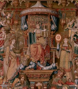 Tapeçaria flamenga. Série As Honras. A Fé (La Fe). A primeira tapeçaria da série. Modelos cartoonistas do círculo de Bernard van Orley e Jan Gossaert (Mabuse). Fabrico Pieter van Aelst, Bruxelas. Ca 1550. Tecido Ouro, prata, seda e lã.