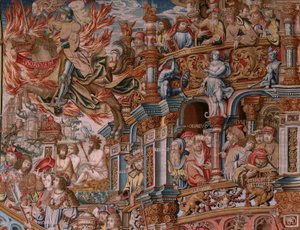 Tapeçaria flamenga. Série As Honras. A fama (La Fama). A terceira tapeçaria da série. Modelos cartoonistas do círculo de Bernard van Orley e Jan Gossaert (Mabuse). Fabrico Pieter van Aelst, Bruxelas. Ca 1550. Tecido Ouro, prata, seda e lã.