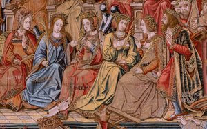 tapeçaria flamenga. Série As Honras. Honra (El Honor). Segunda tapeçaria da série. Cartunistas modelo do círculo de Bernard van Orley e Jan Gossaert (Mabuse). Fabricação Pieter van Aelst, Bruxelas. Ca 1550. Tecido Ouro, prata, seda e lã.