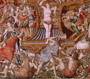 tapeçaria flamenga. Série As Honras. Infâmia (La Infâmia). Sexta tapeçaria da série. Cartunistas modelo do círculo de Bernard van Orley e Jan Gossaert (Mabuse). Fabricação Pieter van Aelst, Bruxelas. Ca 1550. Tecido Ouro, prata, seda e lã.