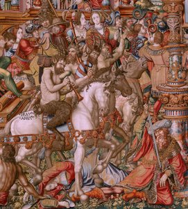 tapeçaria flamenga. Série As Honras. Infâmia (La Infâmia). Sexta tapeçaria da série. Cartunistas modelo do círculo de Bernard van Orley e Jan Gossaert (Mabuse). Fabricação Pieter van Aelst, Bruxelas. Ca 1550. Tecido Ouro, prata, seda e lã.