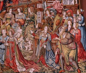 Tapeçaria flamenga. Série As Honras. Justiça (La Justicia, Los Honores). A nona tapeçaria da série. Modelos cartoonistas do círculo de Bernard van Orley e Jan Gossaert (Mabuse). Fabrico Pieter van Aelst, Bruxelas. Ca 1550. Tecido Ouro, prata,