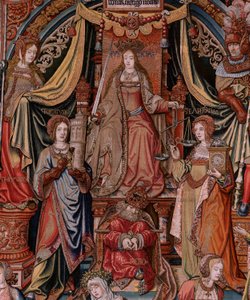 Tapeçaria flamenga. Série As Honras. Justiça (La Justicia, Los Honores). A nona tapeçaria da série. Modelos cartoonistas do círculo de Bernard van Orley e Jan Gossaert (Mabuse). Fabrico Pieter van Aelst, Bruxelas. Ca 1550. Tecido Ouro, prata,