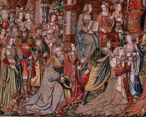tapeçaria flamenga. Série As Honras. Justiça (La Justicia, Los Honores). Nona tapeçaria da série. Cartunistas modelo do círculo de Bernard van Orley e Jan Gossaert (Mabuse). Fabricação Pieter van Aelst, Bruxelas. Ca 1550. Tecido Ouro, prata,