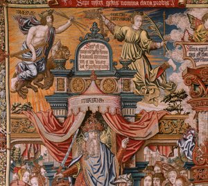 tapeçaria flamenga. Série As Honras; Nobreza (La Nobleza). Quarta tapeçaria da série. Cartunistas modelo do círculo de Bernard van Orley e Jan Gossaert (Mabuse). Fabricação Pieter van Aelst, Brussels.Ca 1550. Tecido Ouro, prata, seda e lã