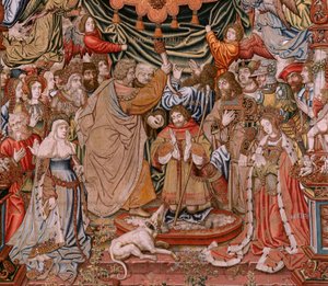 tapeçaria flamenga. Série As Honras; Nobreza (La Nobleza). Quarta tapeçaria da série. Cartunistas modelo do círculo de Bernard van Orley e Jan Gossaert (Mabuse). Fabricação Pieter van Aelst, Brussels.Ca 1550. Tecido Ouro, prata, seda e lã