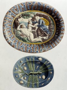 Deus cria a Eva da coxa de Adão; Lagarto - Pratos de cerâmica, em "A obra de Bernard Palissy" de C. Delange e C. Borneman, Paris