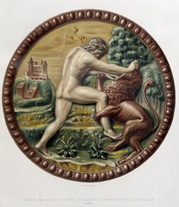 Samson combatant le lion - bas-relief en céramique, em "The work of Bernard Palissy" de C. Delange e C. Borneman, Paris