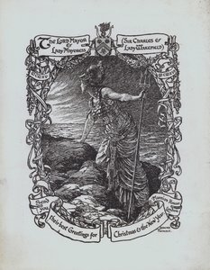 Britannia olhando para o mar, cartão de Natal da Primeira Guerra Mundial do Senhor Prefeito e da Senhora Prefeita de Londres, Sir Charles e Lady Wakefield