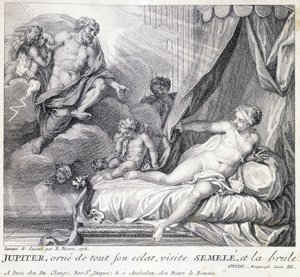 Júpiter (Zeus) queima Semele com seu relâmpago. Gravura do século XVIII após o desenho de B. Picart feito em 1708. de Bernard (after) Picart