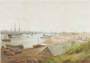 Uma cena do rio ocupado com numerosos navios (lápis, aquarela e bodycolour no papel)