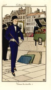Homem de fato, chapéu de coco e bengala a passar por bouquinistes no Sena. Tenue du matin. Gravura de bolso colorida à mão (stencil) depois de uma ilustração de Bernard Boutet de Monvel do Tommaso Antongini