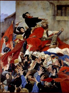 A apoteose do patife ou o triunfo de Robert Macaire Robert Macaire é uma figura imaginária que simboliza o bandido e o homem de negócios sem escrúpulos. Ele é um representante da coroa e aplaude a multidão. Pintura de Maurice Boutet de Monvel (1851-191