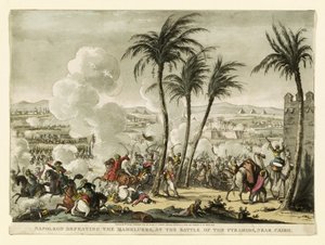 Napoleão derrotando os mamelucos na Batalha das Pirâmides, perto do Cairo, gravada por George Cruikshank (1769-1823), pub. 1823 (gravura colorida à mão)