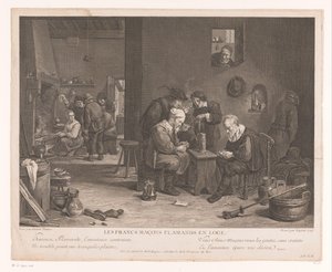 Interior da pousada com figuras de jogo de cartas Les Francs Maçons Flamands en Loge (título no objeto) de Bernard François Lépicié