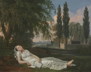 Mulher dormindo em uma paisagem com uma carta