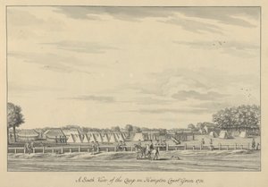 Vista sul do acampamento em Hampton Court Green 1731, 1731-33 (caneta e tinta preta e lavagem sobre papel) de Bernard III Lens