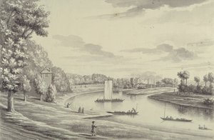 Vista oeste de Hampton Court Ferry e Hampton Church à distância, 1731-33 (caneta e tinta preta e lavagem sobre papel) de Bernard III Lens