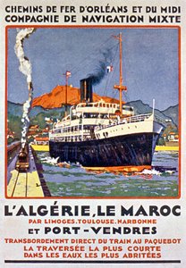 Cartaz publicitário do caminho de ferro francês que vai para a Argélia e Marrocos a partir de França via Limoges, Toulouse, Narbonne e Port Vendres, c. 1900 de Bernard Lachevre