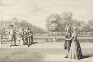 Figuras na margem do Long Water, Hampton Court Palace (lavagem cinza com caneta e tinta sobre lápis sobre papel) de Bernard Lens