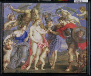Marte Introduzido por Minerva a Ocasião, acompanhado por Ceres, depois de uma pintura de Peter Paul Rubens (1577-1640) (bodycolour e chiclete em pergaminho enrolado em volta do painel)
