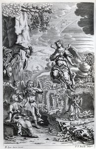 O arcanjo Uriel informa a Gabriel que Satanás está no Jardim do Éden, ilustração de &39;Paradise Lost&39;, de John Milton, gravada por PP Bouche, sexta edição, 1695