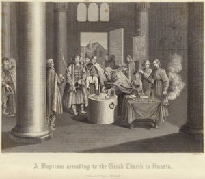 Um batismo de acordo com a igreja grega na Rússia de Bernard Picart