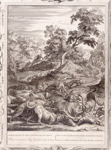 Actaeon se transformou em um veado e devorado por seus cães, 1731 de Bernard Picart