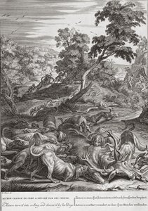 Acteon turnd em um Stag, e devorado por seus cães, 1731 de Bernard Picart