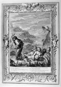 Deucalião e Pirra repeitam o mundo jogando pedras atrás deles, 1733 de Bernard Picart