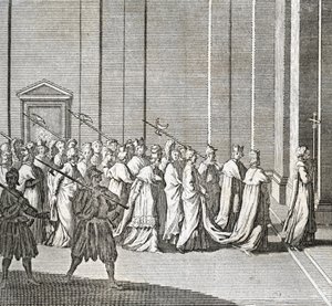 Diferentes etapas do conclave, encontro de cardeais para a eleição de um novo papa: a entrada dos cardeais na capela Sistina (Vaticano: entrada dos cardeais) Gravura da "Ilustração de cerimónias e costumes religiosos de todos os povos de Bernard Picart
